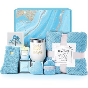 Self Care Get Well Soon Gifts for Women, Luxury Ocean Spa Gift Basket with Flannel Blanket - Unique Birthday Christmas Mother's Valentines Day Gifts for Mom Wife Girlfriend Best Friend Sister Her (Blue)