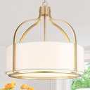 20.5'' Gold Drum Chandelier Light Fixture, 5-Light Large Modern Farmhouse Chandeliers for Dining Room Gold Drum Hanging Pendant Light with White Fabric Shade for Kitchen Living Room Foyer Bedroom