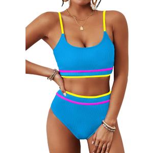 BMJL Women's High Waisted Bikini Ribbed Two Piece Swimsuit High Cut Color Block Adjustable Straps Bathing Suit, Medium, Rainbow Blue