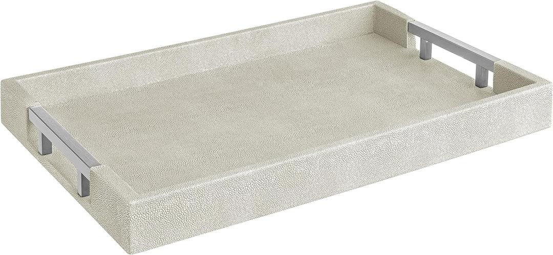 Modern Elegant 18"x12" Rectangle Natural Ivory Beige Faux Leather Shagreen Decorative Tray Ottoman Coffee Table Perfume Vanity Kitchen Serving Tray with Silver Metal Handles by Home Redefined.