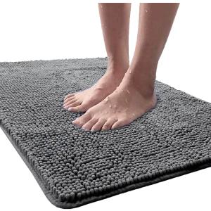 LOCHAS Luxury Bathroom Rug Shaggy Bath Mat 24 x 36 Inch, Washable Non Slip Bath Rugs for Bathroom Shower, Soft Plush Chenille Absorbent Carpets Mats, Gray (Grey)