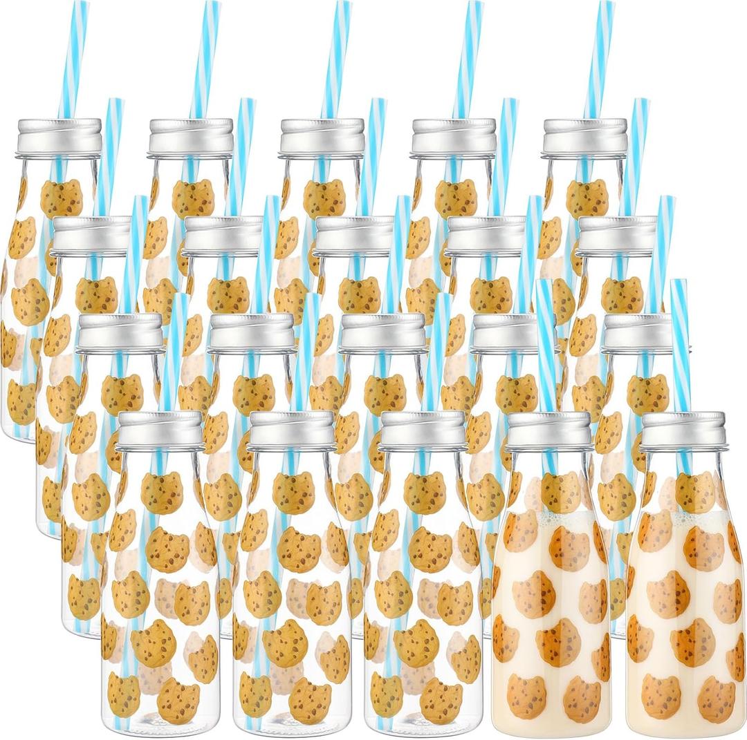 Yungyan 20 Pcs Plastic Cookies Milk Bottles with Straws and Lids Small Clear Milk Jar with Lids Mini Juice Bottles and 300 Sticker Labels for Theme Birthday Party Baby Shower (8 oz)