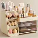 HBlife Makeup Organizer with Brush Holder for Vanity, Large Plastic Bathroom Countertop Organizer Skin Care Storage, Easy to Store Lipsticks, Nail Polishes, Perfumes, Eyeshadow Palettes, Beige