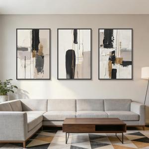 Large Neutral Abstract Wall Art Set of 3 Framed Canvas Prints, 24x36 Inch Modern Beige Black Abstract Paintings with Gold Accents, Minimalist Wall Decor for Living Room Bedroom Dining Room, Metal Frame Ready to Hang