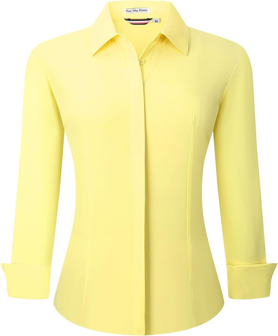 Alex Vando Womens Dress Shirts Wrinkle Free Regular Fit Long Sleeve Stretch Work Shirt (Medium, Hidden Placket Yellow)