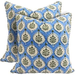 ATOSII Block Print Throw Pillow Covers, 18" X 18"- Set of 2, Decorative Couch Pillows for Living Room Bed Sofa, 100% Cotton Canvas Pillow Case for Home Decor & Outdoors, Preppy Throws - Kari Blue