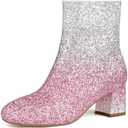 MISSMILLER Women's Glitter Ankle Boots Sequin Sparkly Booties Block Heel Side Zip Zipper Wedding Party Dress Shoes, Size 7