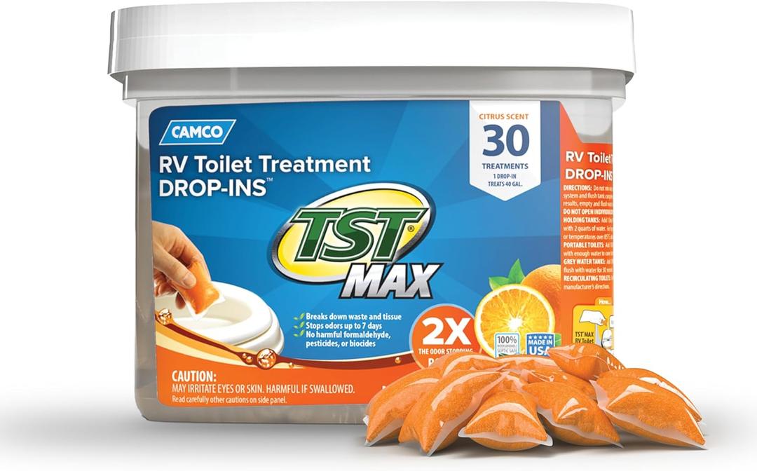 Camco TST MAX RV Toilet Treatment Drop-INs - Control Unwanted Odors & Break Down Waste and Tissue - Safe Septic Tank Treatment - Orange Scent, 30-Pack (41183)