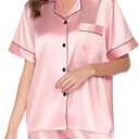 Womens Silk Satin Pajamas Set 2 Piece Satin Pjs Shorts Set Soft Button Down silk Loungewear Sets (Pink, S)