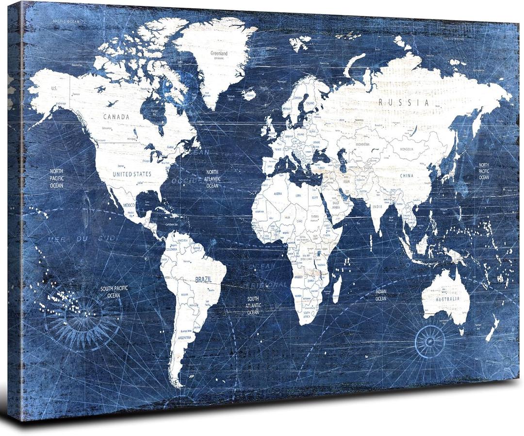 World Map Canvas Wall Art Modern Office Pictures Decorations World Maps for Living Room Wall Decor Retro Global Map Poster Navy Blue Framed Painting Artwork Home Bedroom Decoration 12x16