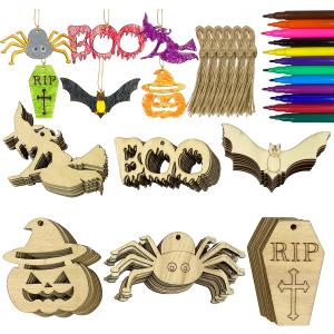 Anditoy 60 PCS Wooden Slices Hanging Ornaments Halloween Crafts for Kids DIY Decorations Indoor Party Supplies