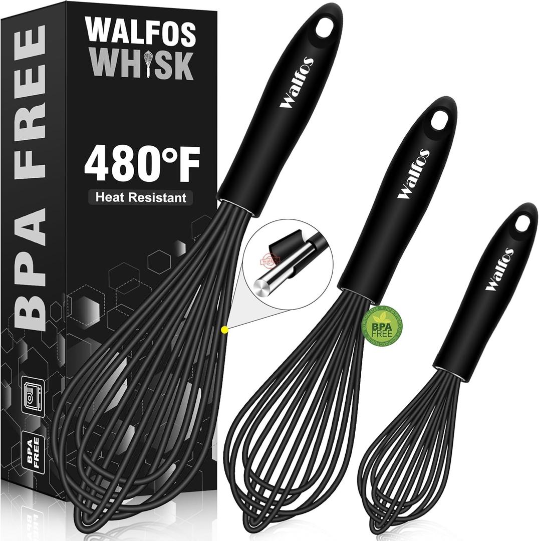 Walfos Silicone Whisk,Stainless Steel Wire Whisk Set of 3 -Heat Resistant 480F Kitchen Whisks for Non-stick Cookware,Balloon Egg Beater Perfect for Blending,Whisking,Beating,Frothing & Stirring,Black (7+9+11 in Black)