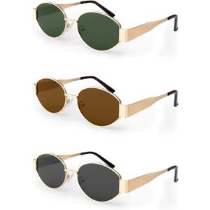 Retro Oval Sunglasses for Women Men, Trendy Designer Metal Style UV400 Protection Sun Glasses (05 Gold/Green+brown+grey)