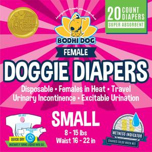 Bodhi Dog Disposable Female Dog Diapers - Super Absorbent Dog Diapers for Female Heat Cycle - Adjustable Fit Pee Wraps for Potty Training, Moisture Control & Wetness Indicator - Small (20 Count)