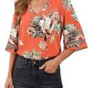 LookbookStore Women's V Neck Mesh Panel Blouse 3/4 Bell Sleeve Loose Top Shirt (M)