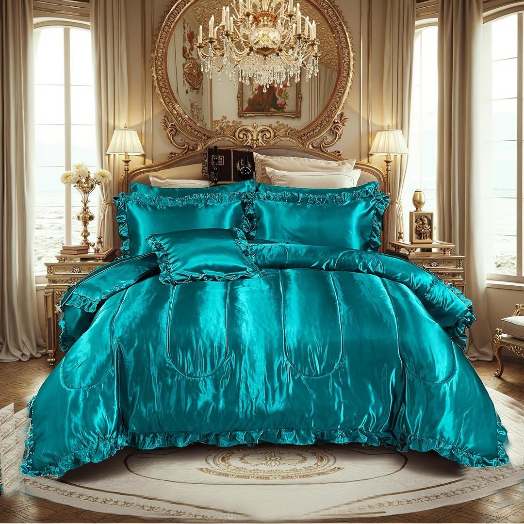 Silky Comforter Set with Sheet Set Queen 8 Pcs Peacock Green Bed in a Bag Green Bedding Set Silk Like Satin Ruffle Home Decor Sexy Hotel Silky Bed Set with 1 Cushion Cover