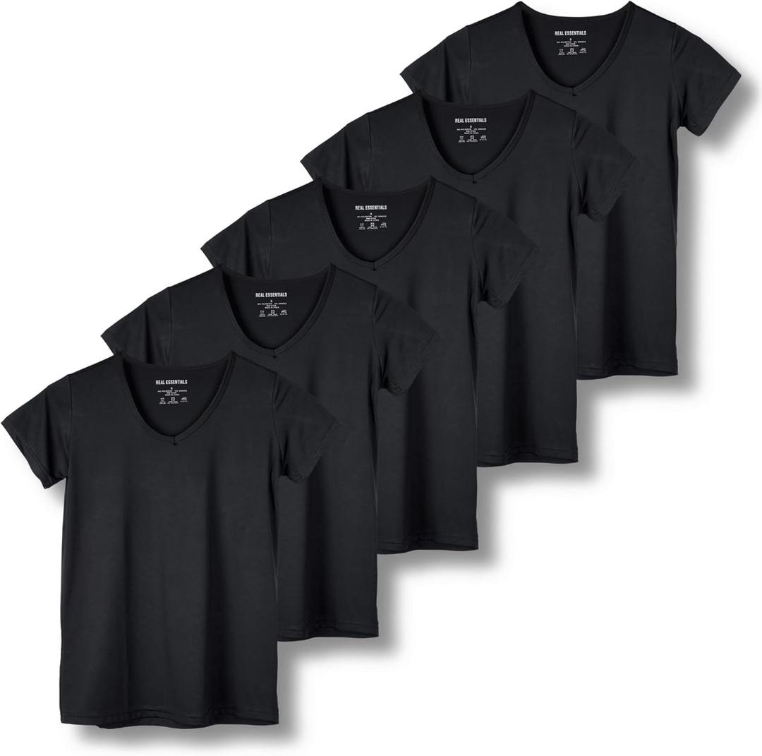 Real Essentials 5 Pack: Women's Short Sleeve V-Neck Activewear T-Shirt Dry-Fit Wicking Yoga Top, (Medium, Set 5)