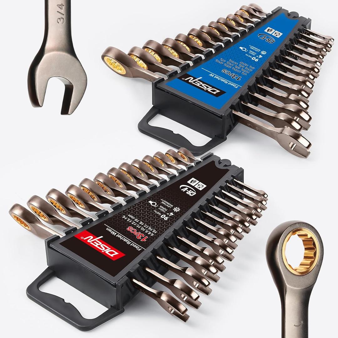 DISEN 26 Piece Ratcheting Wrenches Set 90 Teeth, Combination Wrenches Set Metric 6MM-19MM and SAE 1/4 Inch-13/16 Inch, Cr-V Steel, Fixed Head, Nickel Plating with Organizer