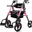 Foldable 2-in-1 Rollator Walker for Seniors with Seat, Lightweight Transport Wheelchair Combo 300 lbs Capacity, All-Terrain Tires, Anti-Tip Brakes, Adjustable Height 33.5"-40"