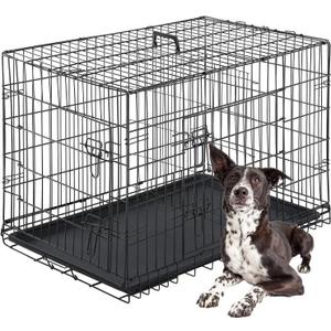 FDW Dog Crate for Large Dogs 42 Inch Folding Metal WirePet Cage Double Door W/Divider Panel Indoor Outdoor Kennel Leak-Proof Plastic Tray, Black
