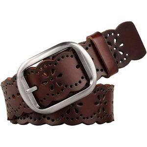 JASGOOD Women's Hollow Flower Genuine Leather Belt for Jeans Pants Wide Belt for Ladies, (Dark Brown)