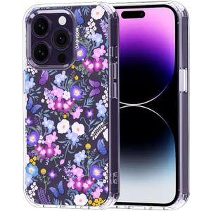 MOSNOVO Case for iPhone 14 Pro, [Buffertech 6.6ft Military-Grade Drop Protection] [Anti Peel Off Tech] Clear TPU Bumper Phone Case Cover Design - Purple Peri Nemophila Flower