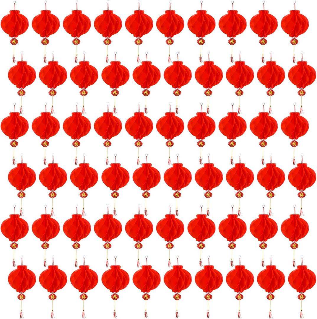 60 Pieces Red Chinese Lanterns Festival Lanterns Decorations for New Year, Spring Festival, Wedding, Restaurant (8 Inches)