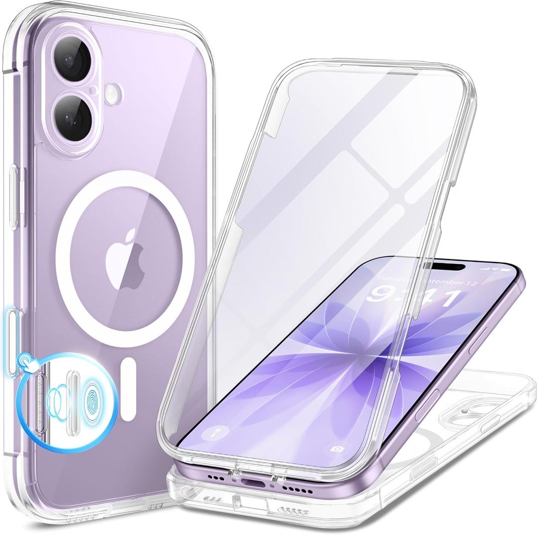 BERFY for iPhone 17 Case, Compatible with MagSafe, Built-in Glass Screen Protector, Camera Protection, Shockproof Full Body Phone case 6.3", Clear