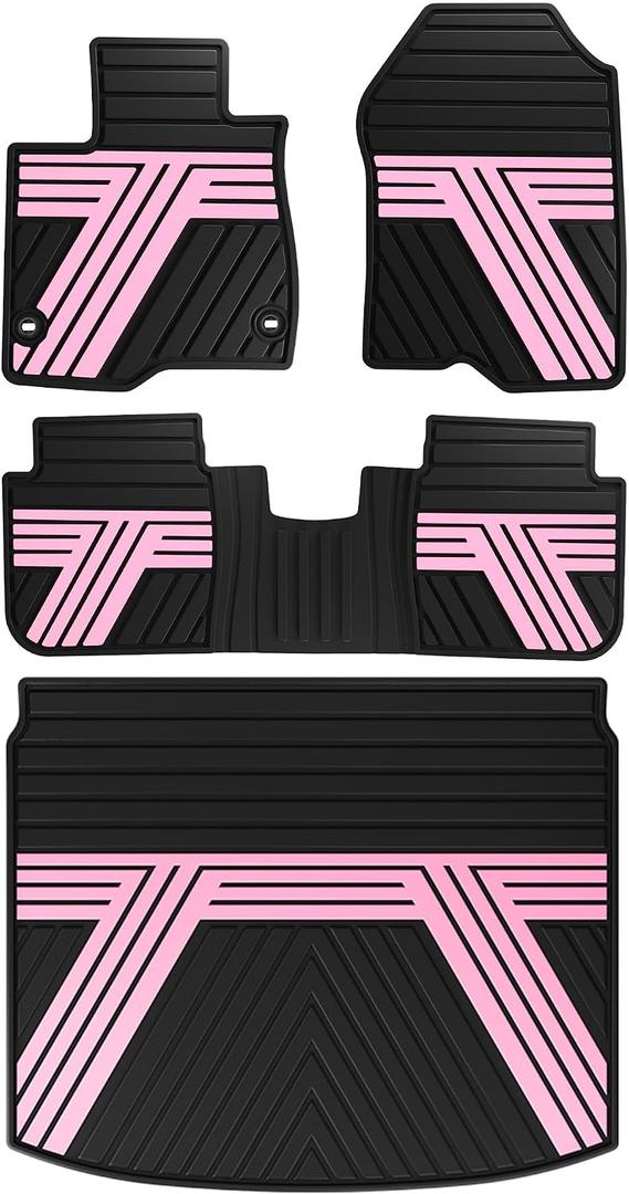 Rubber Floor Mats & Cargo Liner for Honda CR-V 2026-2023 (Include Hybrid) | All Weather Custom Fit Floor Liners with Cargo Mat (Upper Position) Full Set, Black & Pink