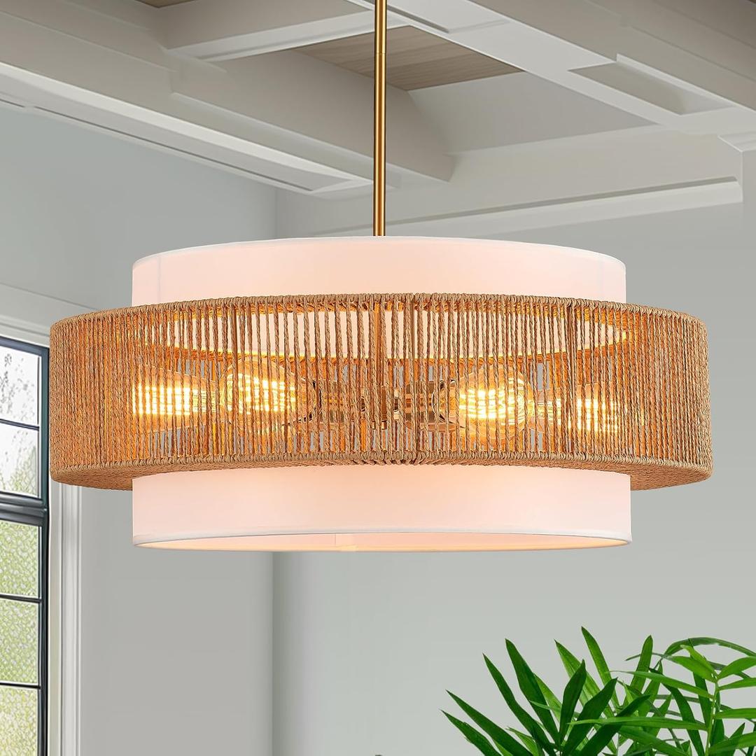 23.6" Rattan Chandelier with Linen Boho Farmhouse Hand Woven Bamboo Chandeliers Light Fixture Vintage Modern Drum Wicker Rattan Gold Chandelier for Dining Room, Kitchen, Living Room,Foyer