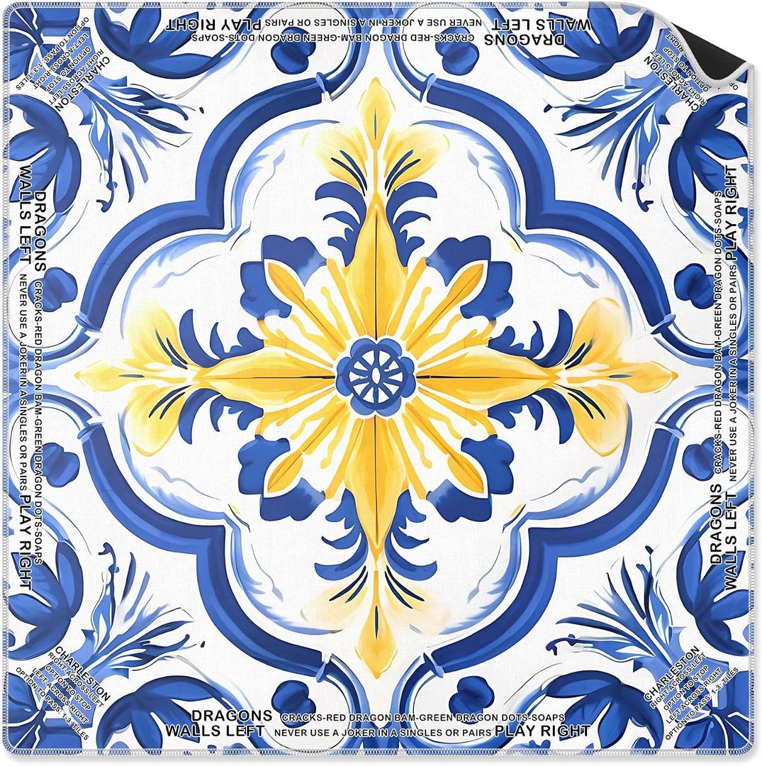 Blue Chinoiserie Flower Mahjong Mat 31.5 x 31.5 Inch, Vintage Blue and Yellow Azulejo Non-Slip Noise Reduction Mahjong Table Mat for American Mah Jong Poker Card Board Games Dominoes, 31.5 x 31.5 x 0.1 inches