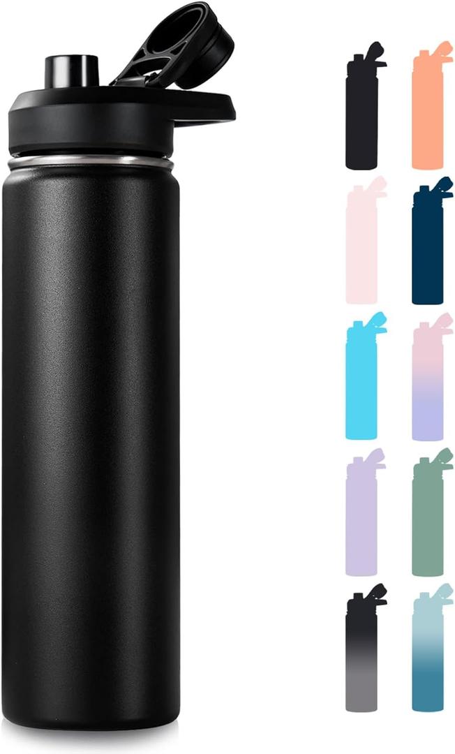 Fijinhom 24 oz Insulated Water Bottle with Handle, 304 Stainless Steel Water Bottles with Wide Mouth, Double Wall Vacuum Sports Water Bottle, BPA Free, Keep Cold and Hot, Black