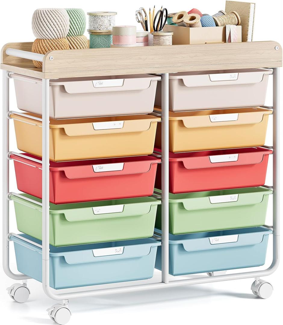 Rolling Storage Cart with Wooden TableTop, Utility Cart with 10 Large Drawers for Craft Organizers, Art Supply Storage, Home Office Organization, Cart with Wheels for Classroom, Living Room, Colorful