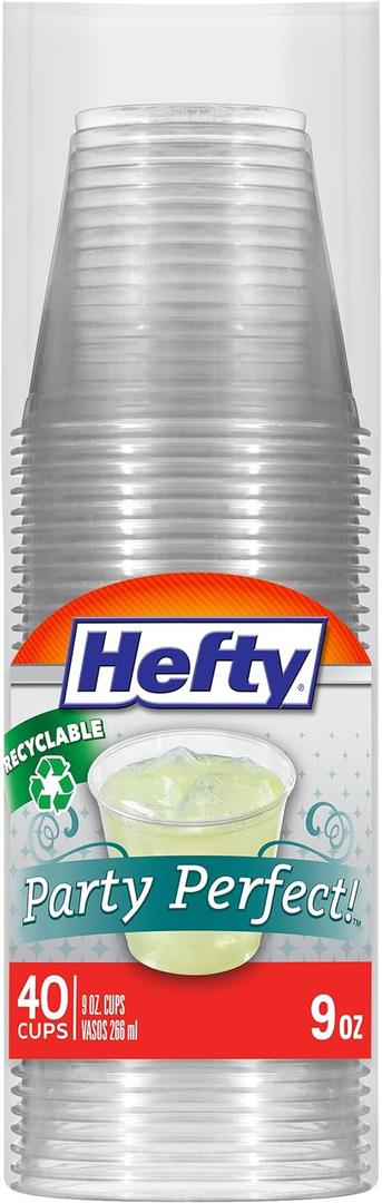 Hefty Party Perfect Clear Plastic Cups, Small Clear Cups for Parties, Wedding Receptions, Birthday Parties, Office Gatherings, and More, Recyclable, 9 Ounce, 40 Count