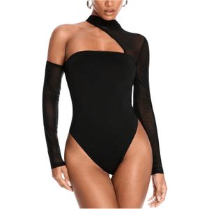 MakeMeChic Women's Bodysuits Mesh Sheer Rave Outfits Asymmetrical Neck Long Sleeve Cut Out Sexy Tops (Black, XL)