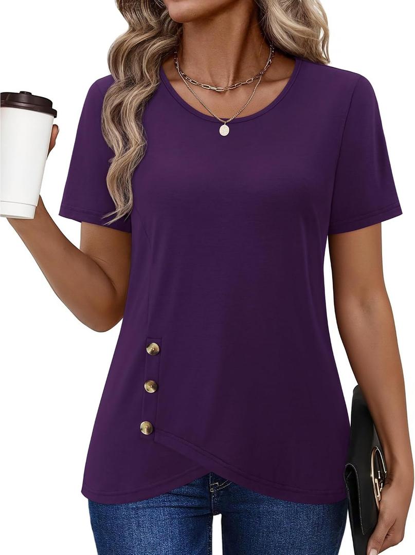 Casual Tunic Tops for Women Short Sleeve T Shirt Asymmetrical Summer Dressy | Stretchable Basic Tops Round Neck Asymmetric Hem Decorative Button Detail Soft Fabric Relaxed Fit Business Casual Tee (Purple, M)