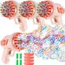 4 Pack Wedding Bubble Guns 32 Holes with Light, Bottles Solution, Romantic Bubble Maker for Outdoor Ceremony, Wedding Party Favors, Photo Props, Reception Entertainment (Pink)