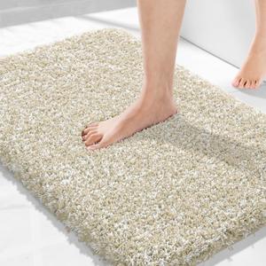 Yimobra Bath Rugs for Bathroom 32x20, Ultra Soft and Water Absorbent Bath Mats, Non Slip Plush Shower Mat Outside, Microfiber Mats for Bathroom Floor/Tub, Machine Washable, Light Beige and White