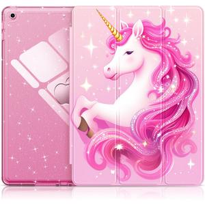 INFILAND for iPad 9th Generation 2021/ iPad 8th Generation 2020/ iPad 7th Generation 2019 Case 10.2 inch, Glitter Cover with Clear Back, Pencil Holder for Kids Girls (Pink Unicorn Dream)
