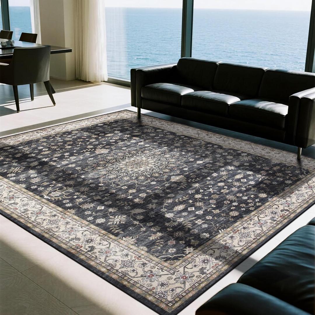 Srugn Washable Rugs 8x10 Area Rugs for Living Room,Rugs for Bedroom,Large Carpets,Ultra Soft Faux Wool Retro Dining Room Rug,Non Slip&Non-Shedding Low Pile Vintage Print Rug for Home Office-Black