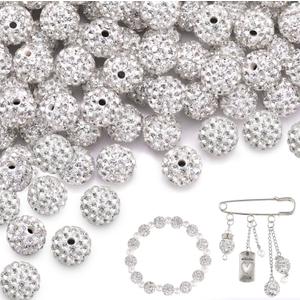 100 pcs 10mm Rhinestone Beads for Jewelry Making Crafting, White Shiny Round Disco Baseball Necklace Beads for DIY Shamballa Sparkle Crystal Clay Christmas Bracelet Earring
