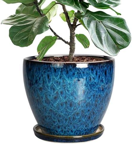 EPFamily 10 Inch Ceramic Planter Pot Round Plant Pot for Indoor Plants Outdoor Large Flower Pot with Drainage Hole and Saucer Blue