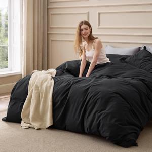 Bedsure 100% Washed Cotton Duvet Cover Queen Size - Black Minimalist Duvet Cover Linen Like - PureWoven Plain Simple & Soft Comforter Cover for All Seasons (Black, Queen, 90"x90")