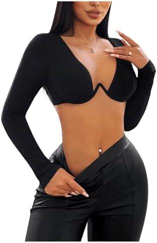 SweatyRocks Women's Deep V Neck Long Sleeve Underwire Crop Tops Super Crop Tee Shirt Size L