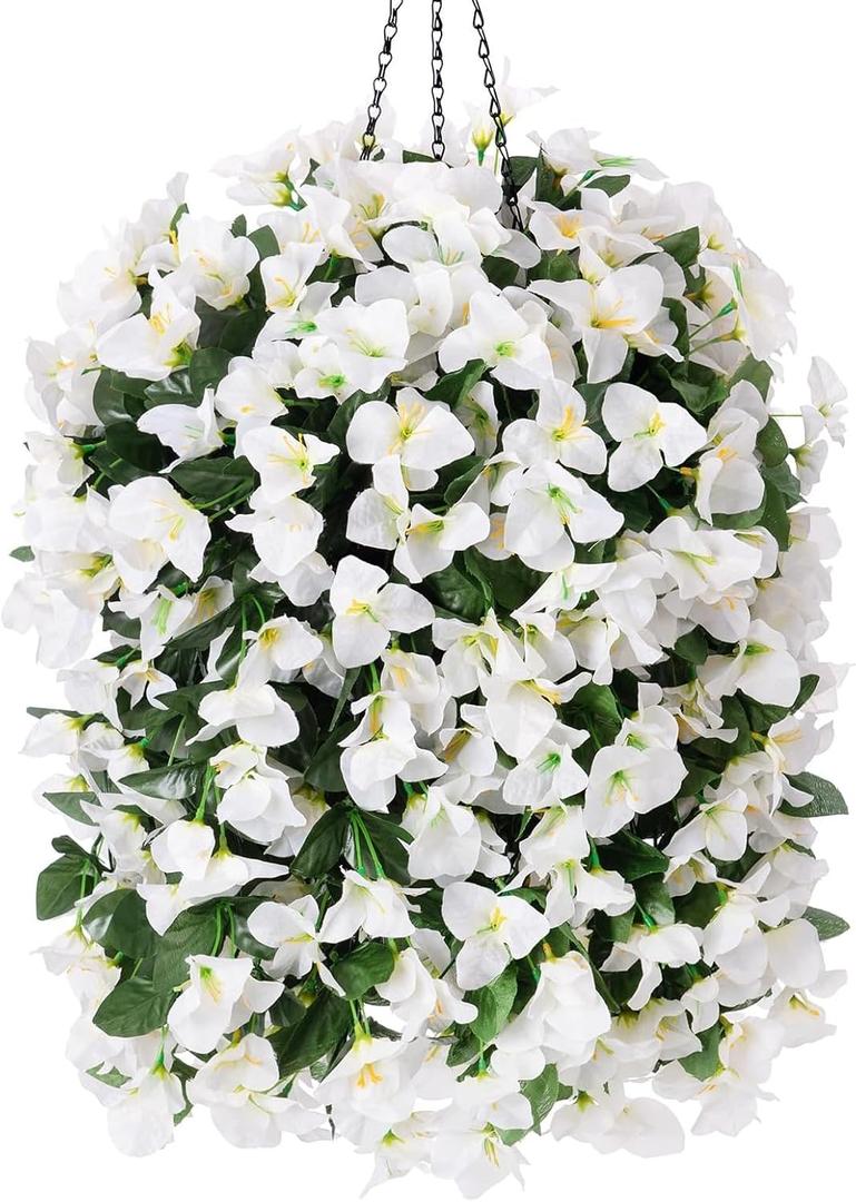 INSPRING Artificial Bougainvillea Faux Flowers Plants Baskets for Outdoor Outside Decoration, 3PCS Fake Silk Flowers Long Trailing Vines UV Resistant Realistic for Front Door Porch Patio (White)