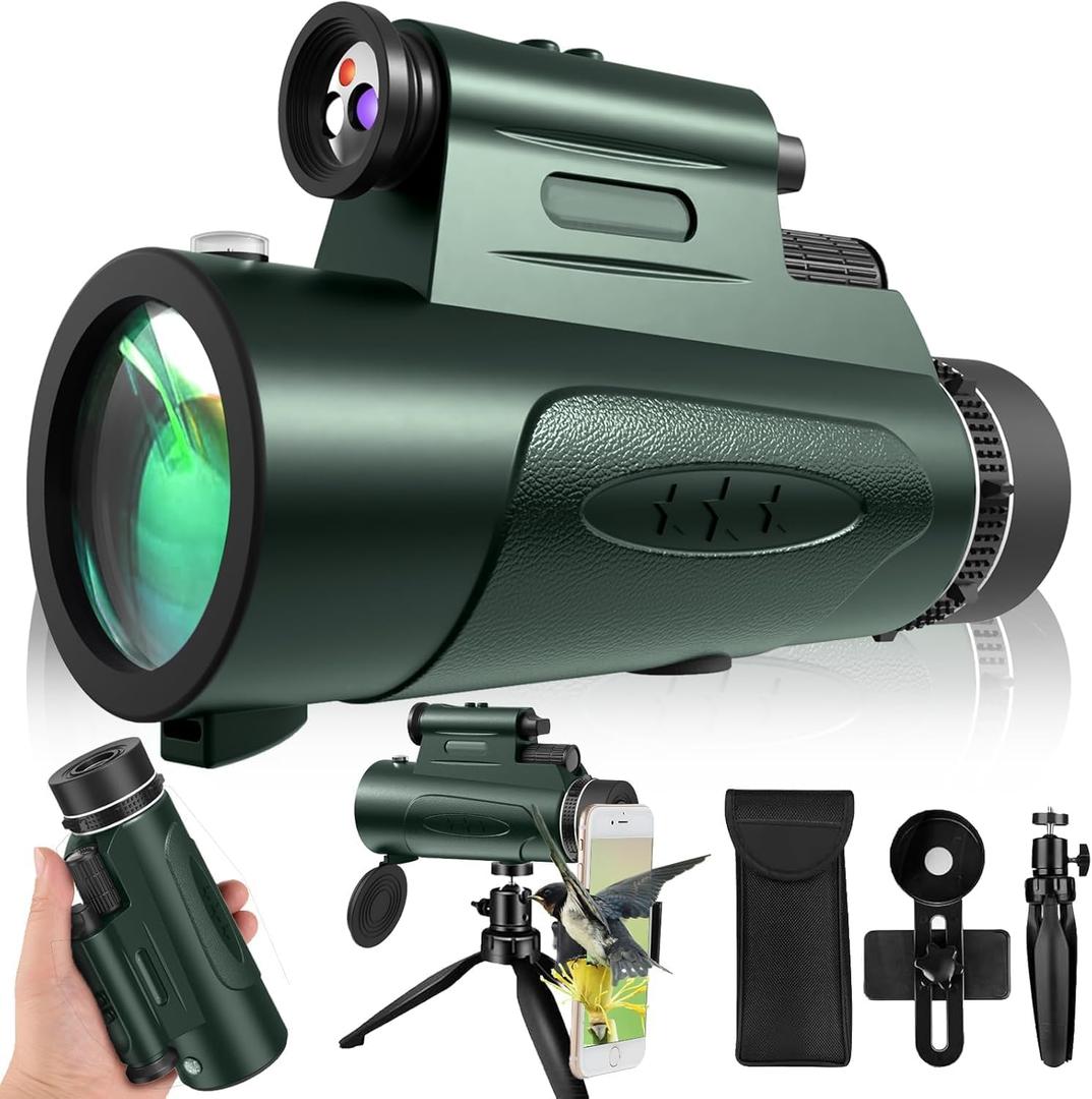 Monocular Telescope with Lights HD Monoculars 80x100 for Adults High Powered Monocular with Smartphone Holder & Tripod, Handheld Telescope Suitable for Bird Watching Stargazing-Green