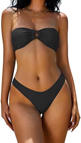 ZAFUL Women's Bandeau Bikini O Ring Strapless Tie Back High Cut Two Piece Swimsuit Bathing Suits.L
