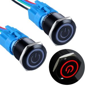 2Pcs 22mm Metal Latching Push Button Switch 12V-24V ON/Off 1NO 1NC Waterproof IP66 Black Shell with Wire Socket for 7/8 Mounting Hole Power Symbol Light (Red LED)