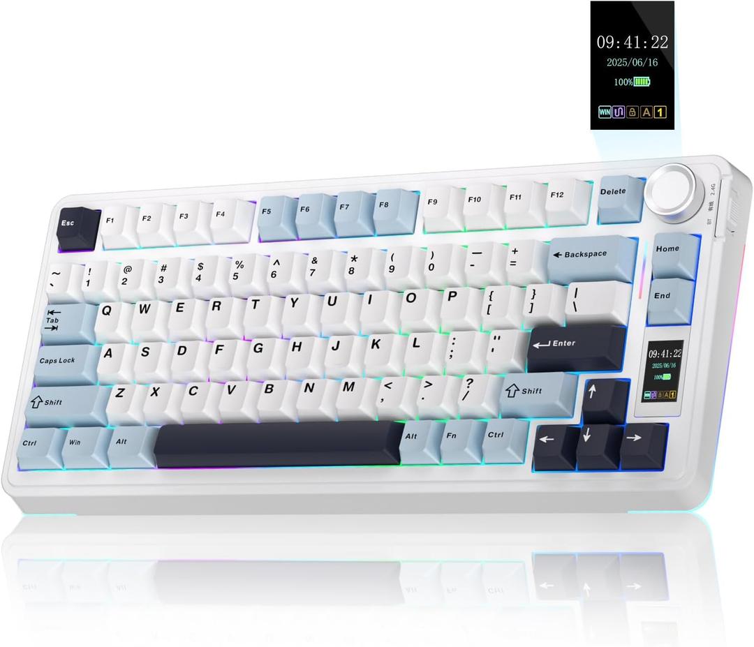AULA S75 PRO Wireless Mechanical Keyboard with Screen&Knob, 75% Hot Swappable Gaming Keyboard with Pre-lubed Switches, RGB Backlit, PBT Keycaps Creamy Sounding Pc Gaming Keyboards (White&Blue)