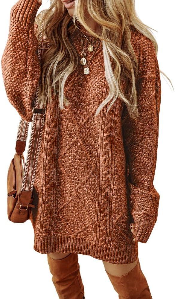 CHICME Women Round Neck Long Sleeve Sweater Cable Knit Casual Loose Fit Pullover Fall Winter Sweaters (Medium, Brown)